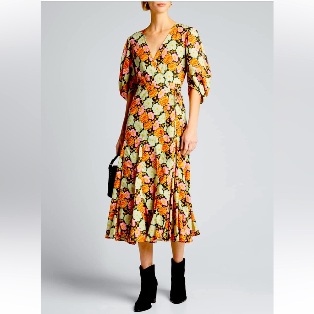 RHODE Fiona Dress Women XS Floral NWT Wrap Puff Sleeve Boho Resortwear Designer‎